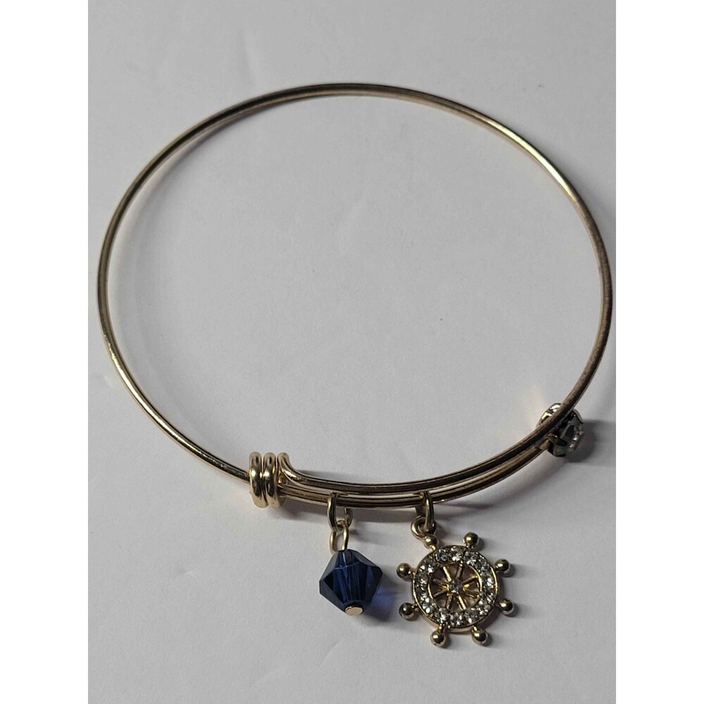 Fashion Gold Tone Expandable Charm Pendant Bracelet - Nautical Ship Wheel & Blue